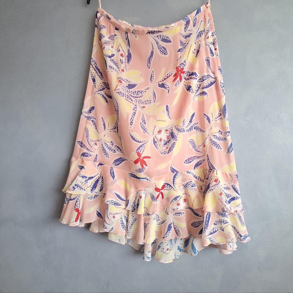 NWOT, SEE BY CHLOÈ SILK RED, YELLOW, PRINT, FRILL SKIRT, SIZE US 10,